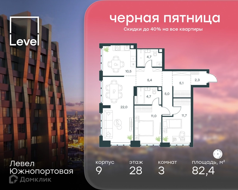 3-комнатная квартира 82.4 м² Левел Южнопортовая
