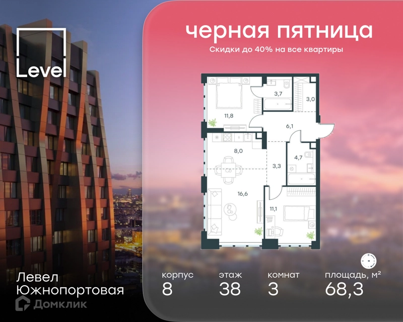3-комнатная квартира 68.3 м² Левел Южнопортовая