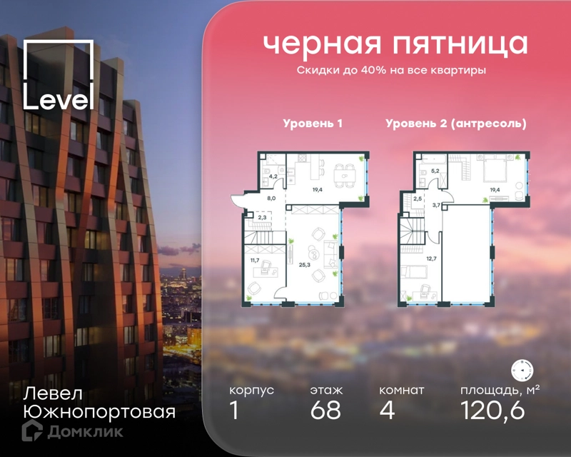 4-комнатная квартира 120.6 м² Левел Южнопортовая