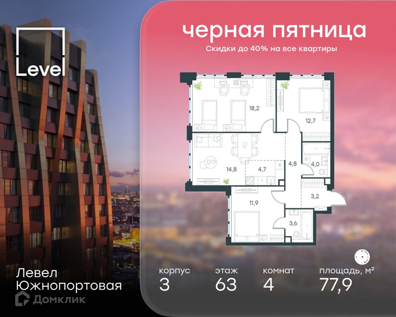 4-комнатная квартира 77.9 м² Левел Южнопортовая