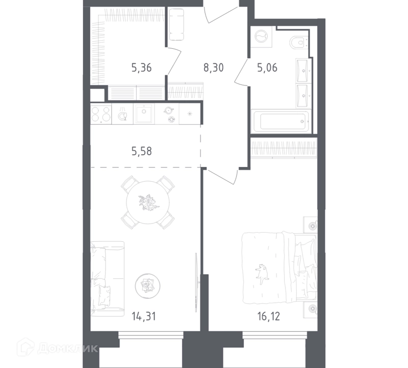 1-комнатные апартаменты 54.73 м² Скай Спутник
