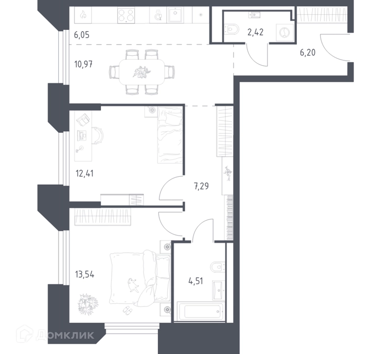 2-комнатные апартаменты 63.39 м² Скай Спутник