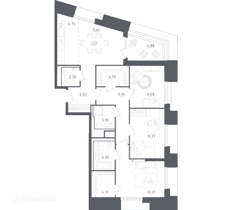 3-комнатные апартаменты 89.23 м² Скай Спутник