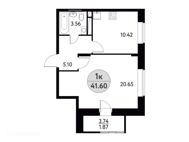 1-комнатная квартира 41.6 м² Солнечная долина
