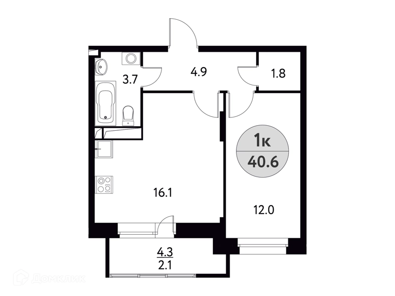 1-комнатная квартира 40.6 м² Солнечная долина