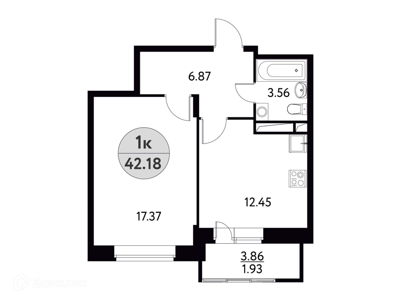 1-комнатная квартира 42.18 м² Солнечная долина