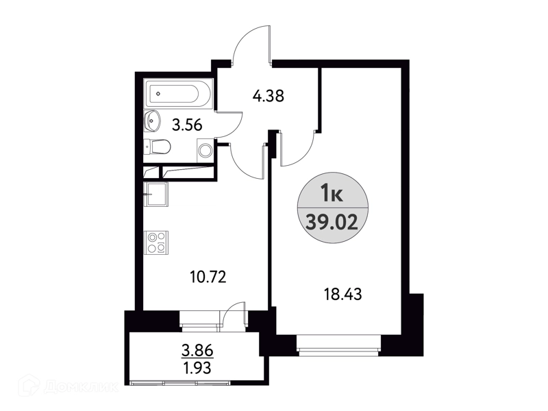 1-комнатная квартира 39.02 м² Солнечная долина