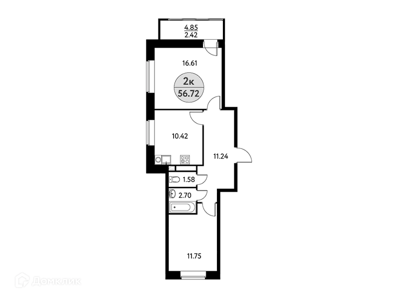 2-комнатная квартира 56.72 м² Солнечная долина