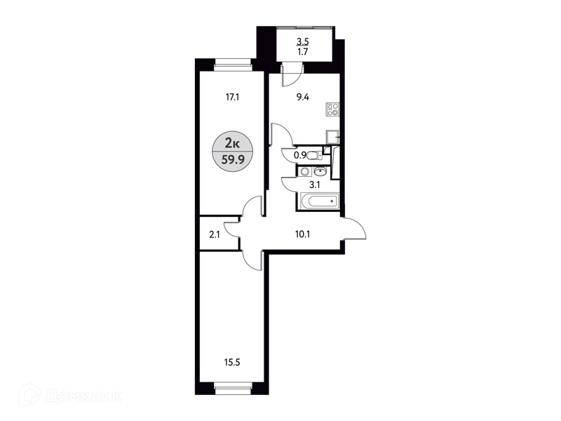 2-комнатная квартира 59.9 м² Солнечная долина