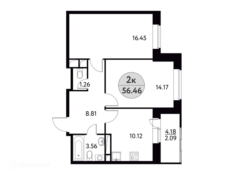 2-комнатная квартира 56.46 м² Солнечная долина