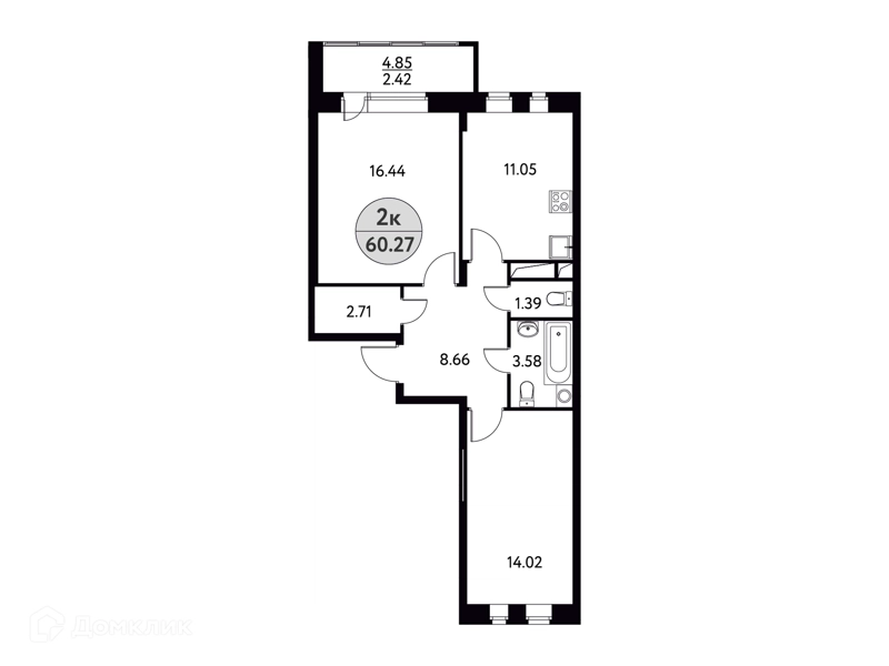 2-комнатная квартира 60.27 м² Солнечная долина
