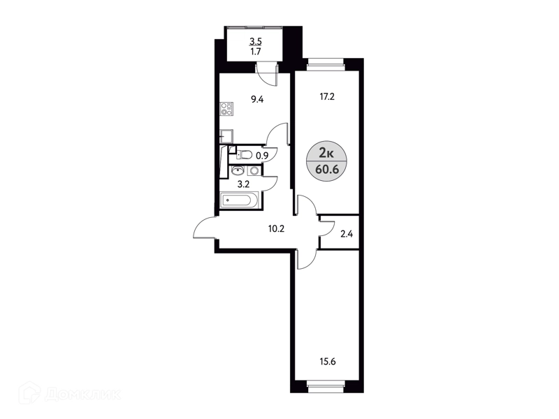 2-комнатная квартира 60.6 м² Солнечная долина