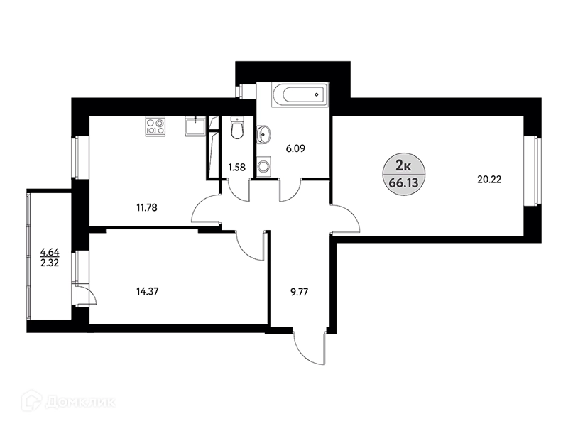 2-комнатная квартира 66.13 м² Солнечная долина