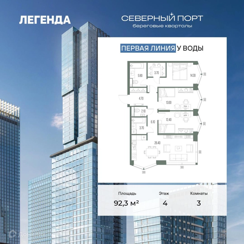 3-комнатная квартира 92.3 м² Северный Порт