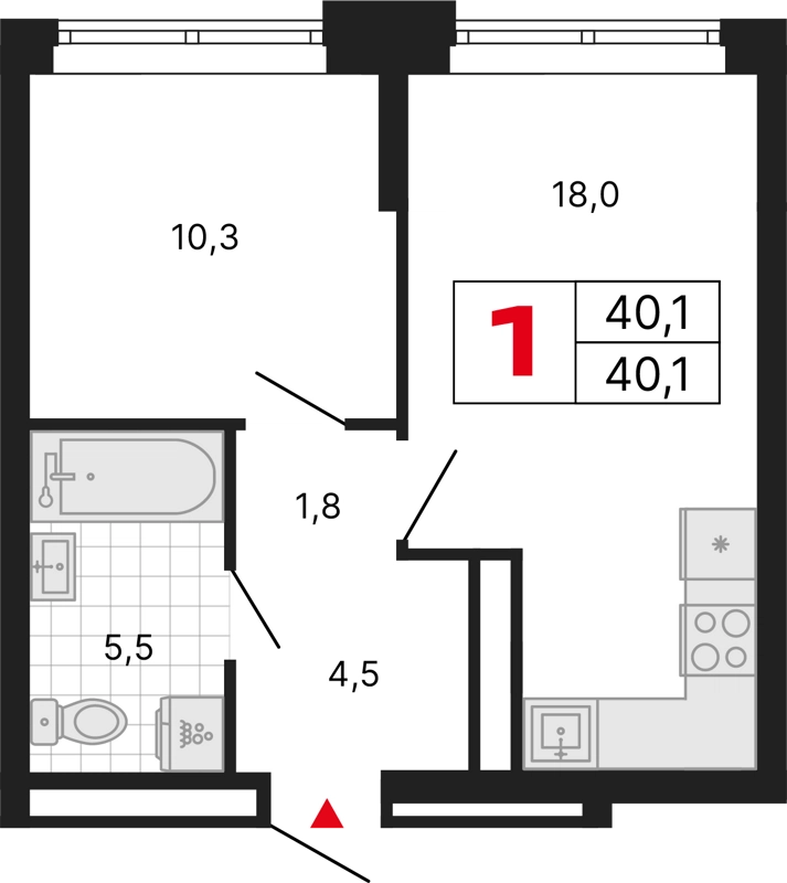 1-комнатная квартира 40.1 м² Бестселлер
