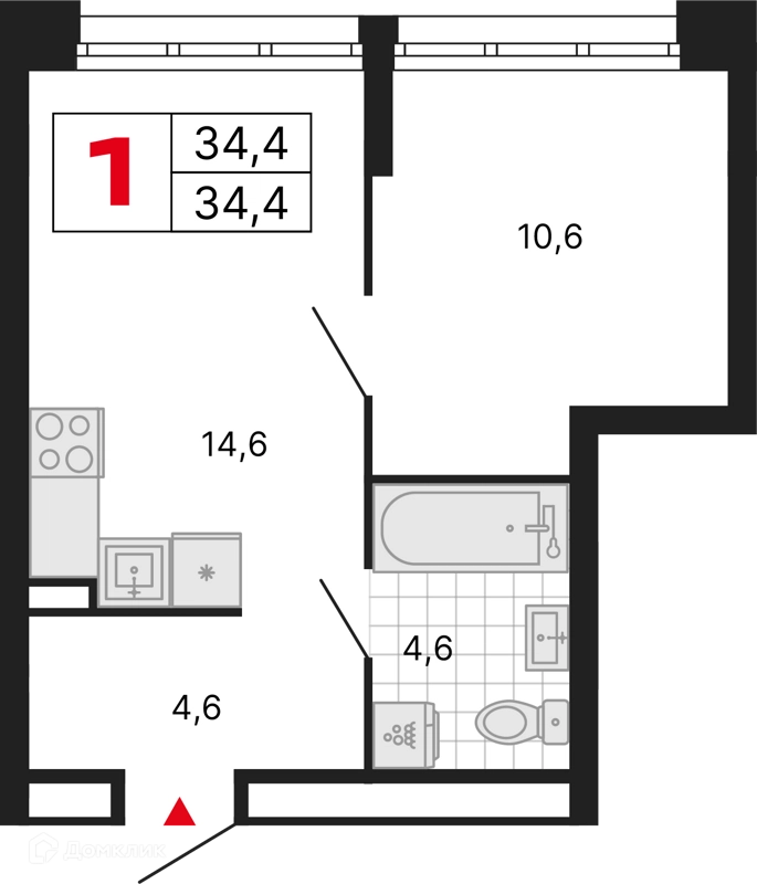 1-комнатная квартира 34.4 м² Бестселлер