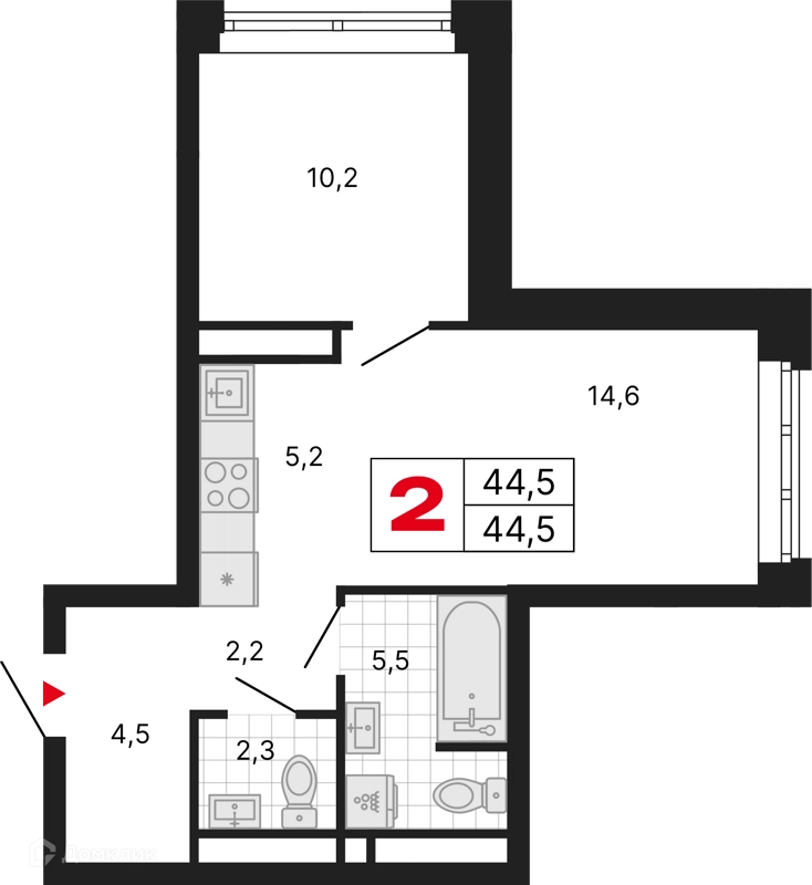 1-комнатная квартира 44.5 м² Бестселлер
