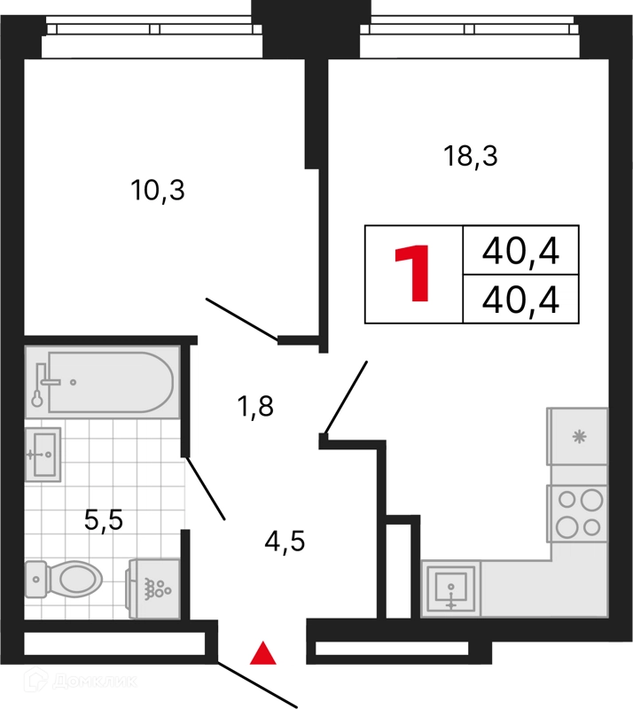 1-комнатная квартира 40.4 м² Бестселлер