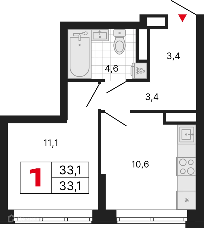 1-комнатная квартира 33.1 м² Бестселлер