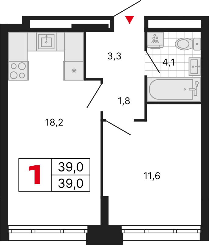 1-комнатная квартира 39 м² Бестселлер