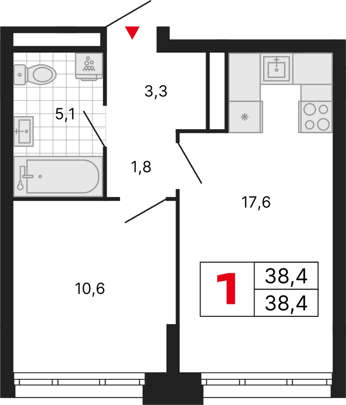 1-комнатная квартира 38.4 м² Бестселлер