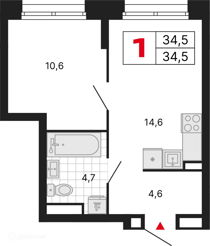 1-комнатная квартира 34.5 м² Бестселлер