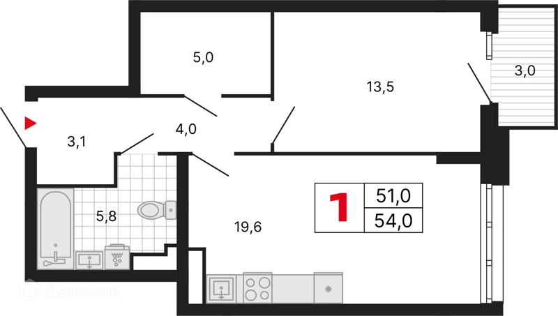 1-комнатная квартира 54 м² Бестселлер
