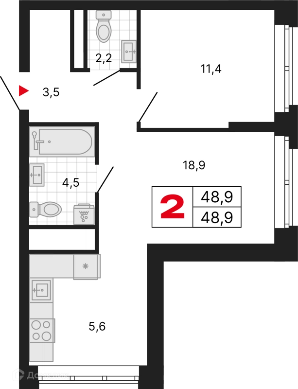 1-комнатная квартира 48.9 м² Бестселлер