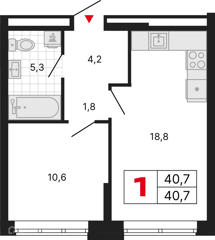 1-комнатная квартира 40.7 м² Бестселлер