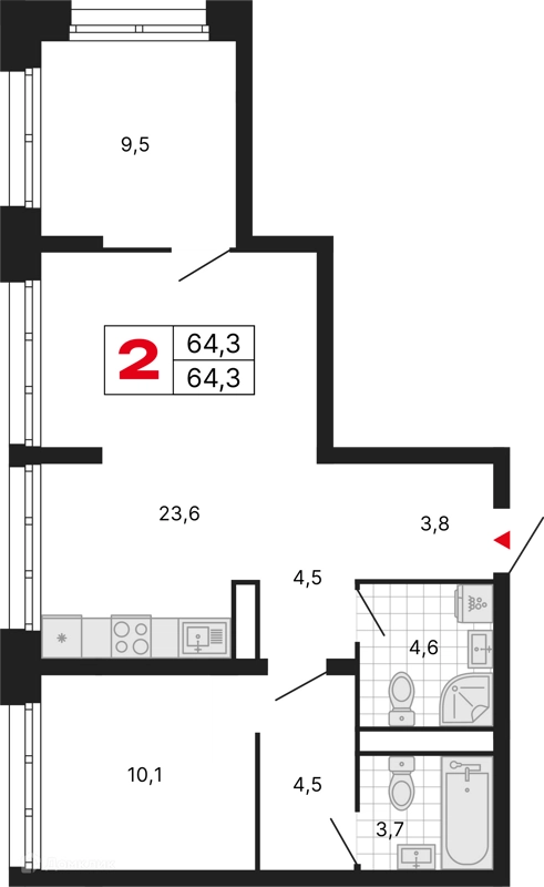 2-комнатная квартира 64.3 м² Бестселлер
