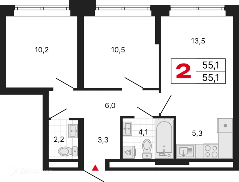 2-комнатная квартира 55.1 м² Бестселлер