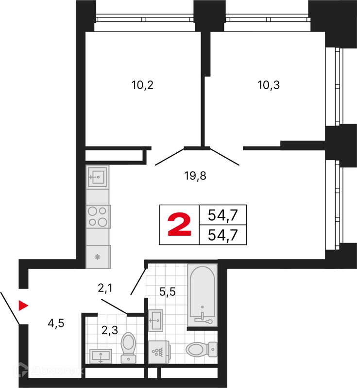 2-комнатная квартира 54.7 м² Бестселлер