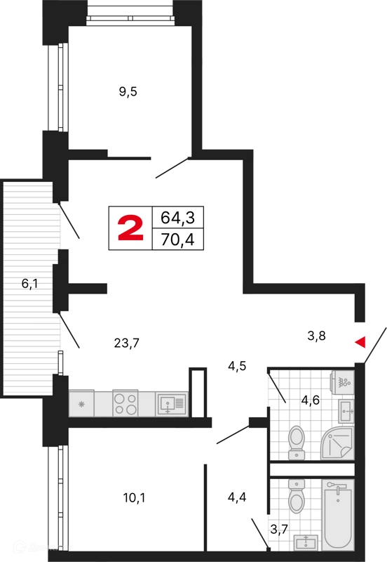 2-комнатная квартира 70.4 м² Бестселлер