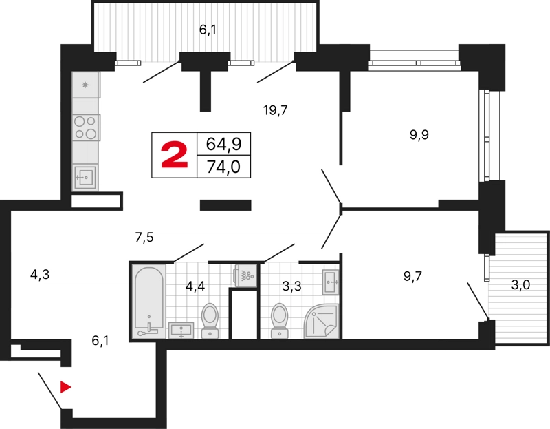 2-комнатная квартира 74 м² Бестселлер