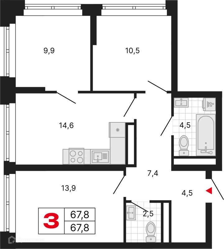 3-комнатная квартира 67.8 м² Бестселлер