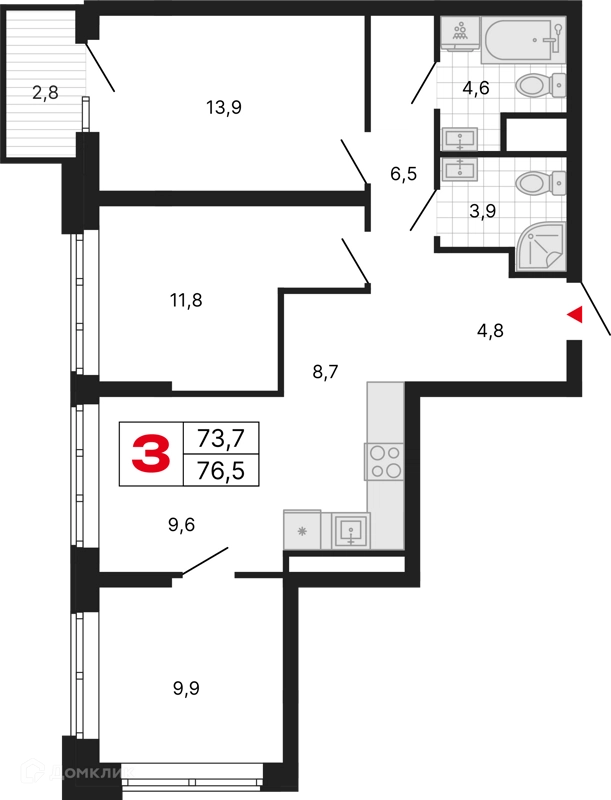 3-комнатная квартира 76.5 м² Бестселлер