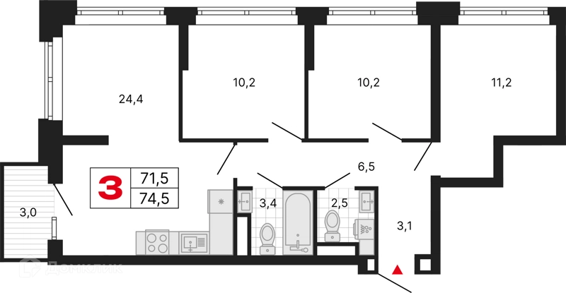 3-комнатная квартира 74.5 м² Бестселлер