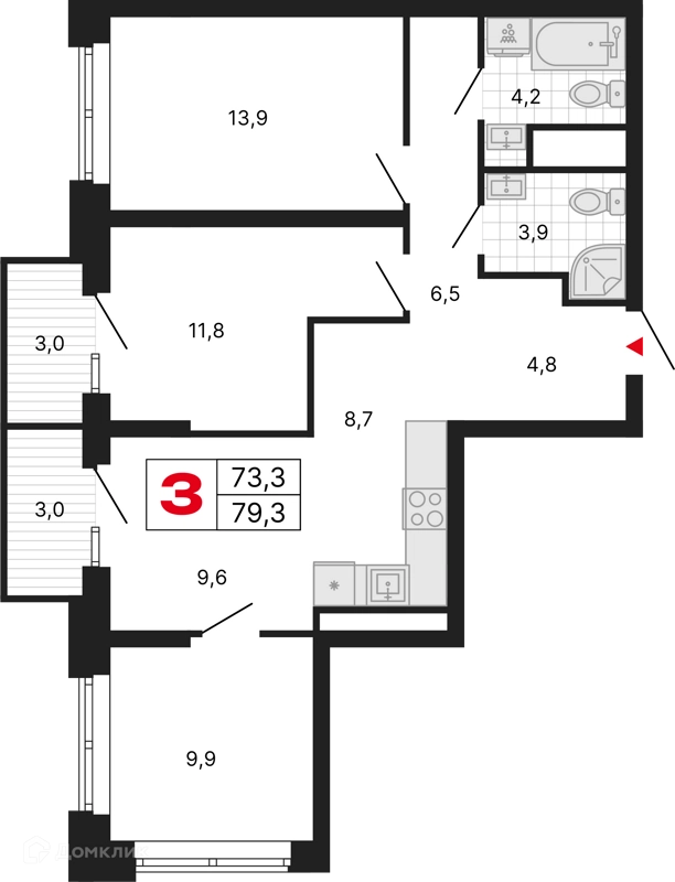 3-комнатная квартира 79.3 м² Бестселлер