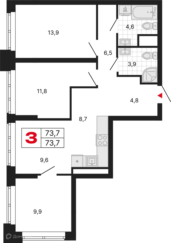 3-комнатная квартира 73.7 м² Бестселлер