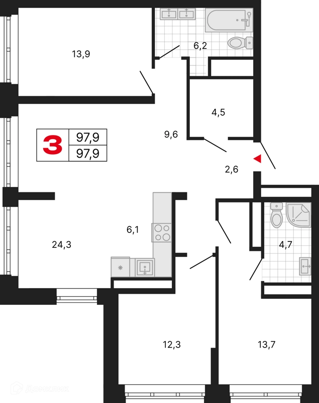 3-комнатная квартира 97.9 м² Бестселлер