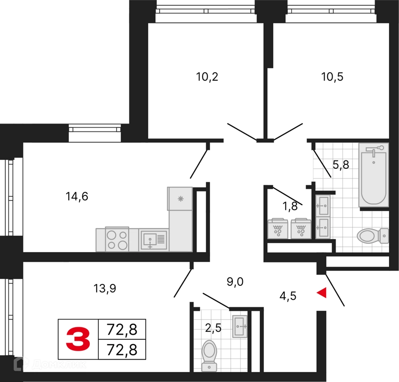 3-комнатная квартира 72.8 м² Бестселлер