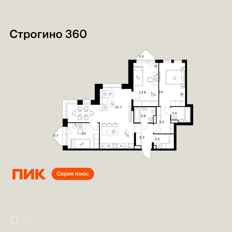 3-комнатная квартира 92 м² Строгино 360