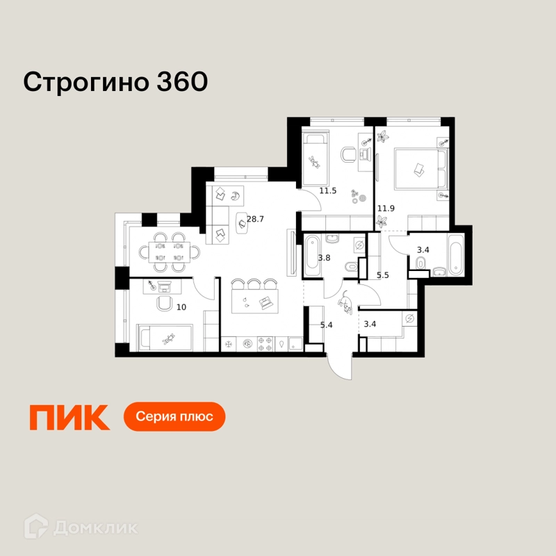 3-комнатная квартира 83.6 м² Строгино 360