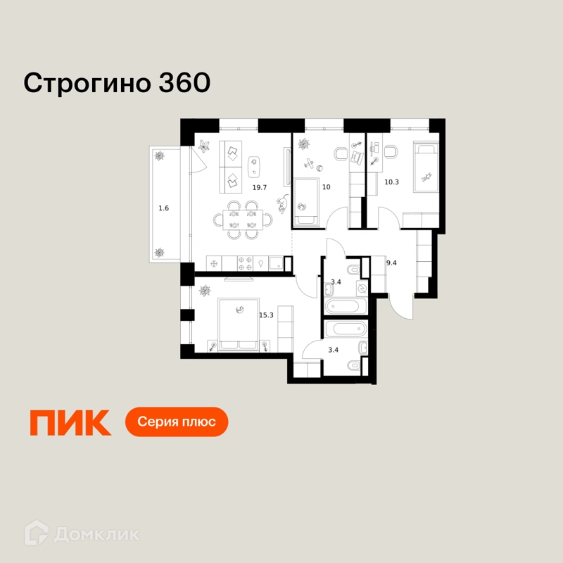 3-комнатная квартира 73.1 м² Строгино 360