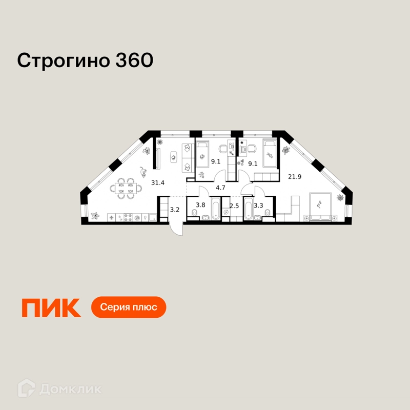 3-комнатная квартира 89 м² Строгино 360