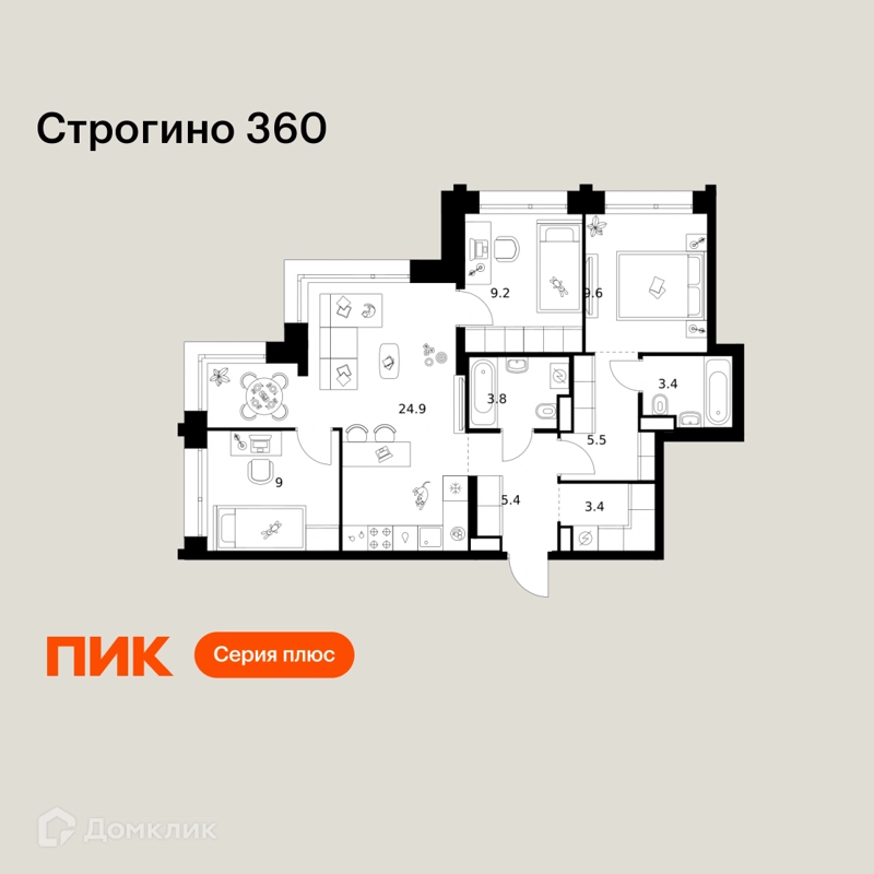 3-комнатная квартира 74.2 м² Строгино 360