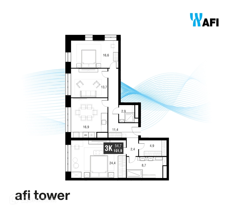3-комнатная квартира 101.9 м² AFI Tower