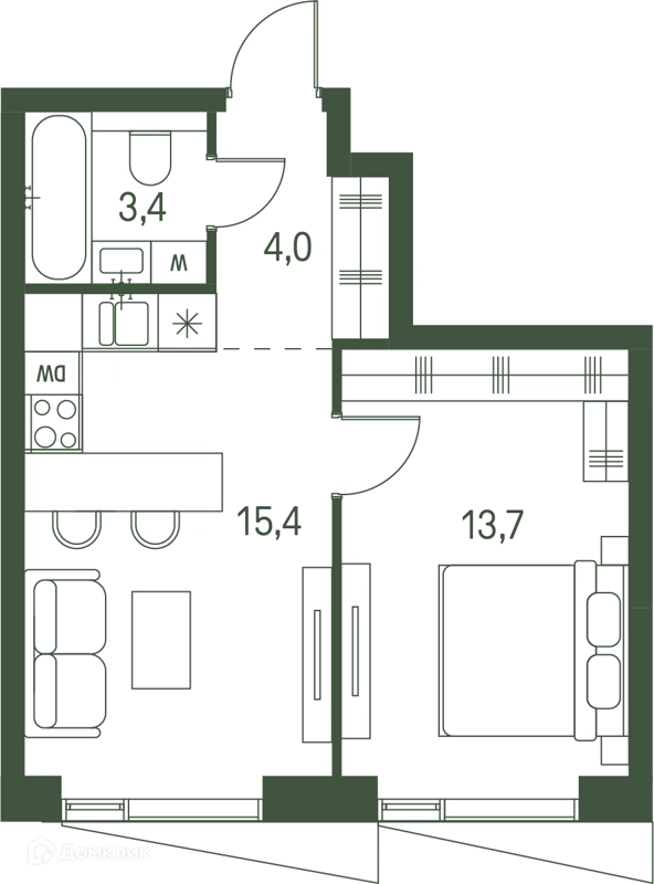 1-комнатная квартира 36.5 м² Моментс