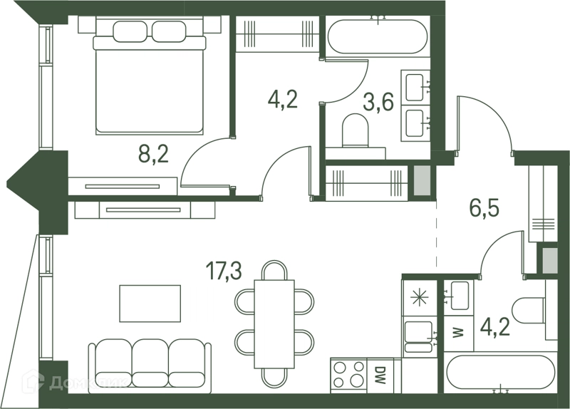 1-комнатная квартира 44 м² Моментс