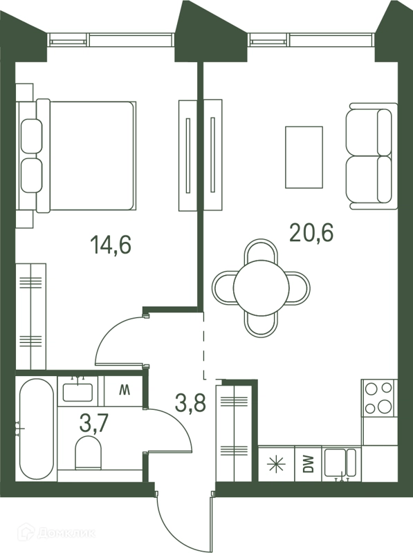 1-комнатная квартира 42.7 м² Моментс